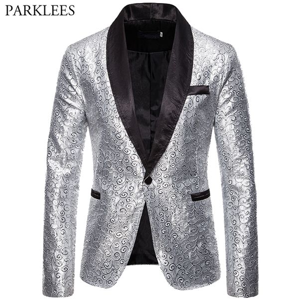 

silver blazer men shawl collar slim fit jacquard suit coat mens wedding singer dance party prom nightclub men blazer hombre xxl, White;black