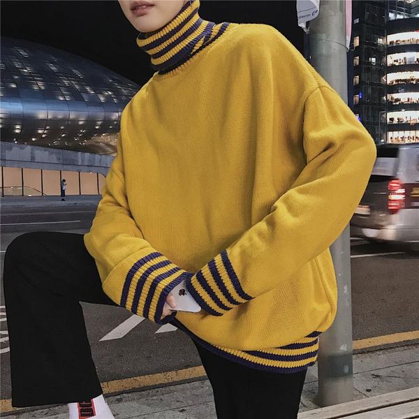 

2019 winter men's stripe printing sweater cashmere knitting coats oversize knitting in warm pullover casual woolen turtleneck, White;black