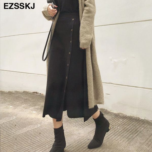

new chic knitted button spring autumn knitting skirt women female high waist casual a-line skirt female long skirt solid, Black;gray