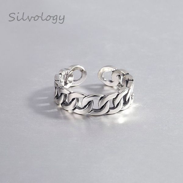 

silvology sterling 925 silver rough chain rings vintage art simple wild texture open japan korea rings for women elegant jewelry, Golden;silver