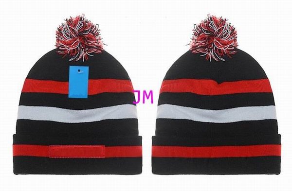 

2020 knitting cotton black white red strips hats with corlorful hair ball cap women's men winter comfortable warm hats, Blue;gray