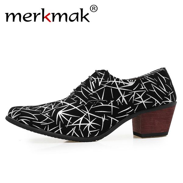 

merkmak high heel men leather shoes fashion pattern casual dress shoes man dance performance male lace up soft footwear, Black