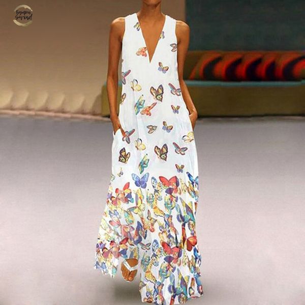 

2019 women fashion butterfly print vintage boho dress summer v-neck sleeveless beach maxi dress casual pocket long dress, Black;gray