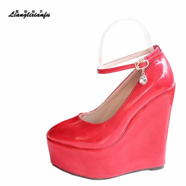

llxf patent leather buckle 15cm high-heeled shoes woman stiletto female sweet wedges pumps small yards:30 31 32 33 34 plus:42 43, Black