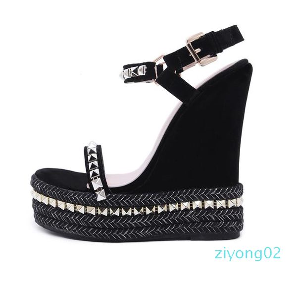 

15cm black rivets knitted plaited women platform wedges sandals designer high heel size 35 to 40 02z
