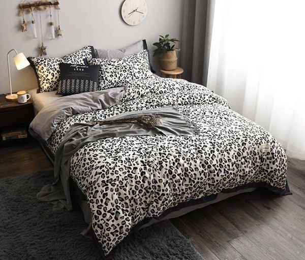 

cotton 4 pcs bedding set leopard print grid duvet cover set bedcloth with pillowcase full size