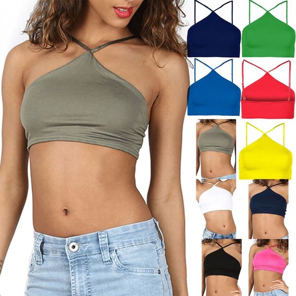 

klv 2019 women slim knitting halter neck camisole female chain straps crop tanks sleeveless solid t shirts tees 4.17, White