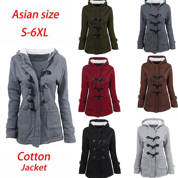 

плюс размер / женские зимние пальто с капюшоном средней длины хлопка пальто хорн пряжки молнии с капюшоном ветровка азиатский размер s-6xl, Black;brown