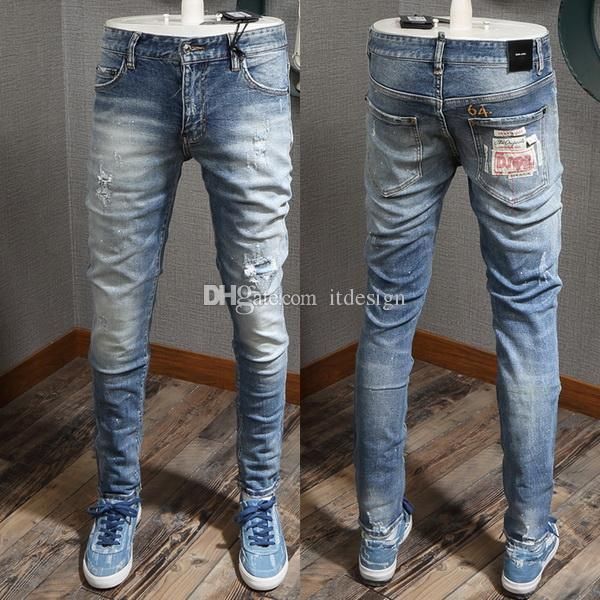 

male denim pants distressed whisker-washed jeans slim fit cowboy trousers men, Blue