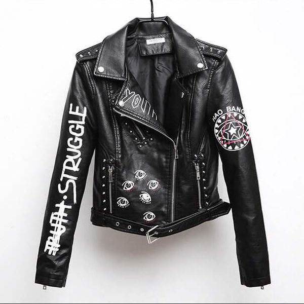 

2018 brand women faux leather jacket spring autumn pu s- female coat hip hop clothing ladies print motorcycle outerwear, Black