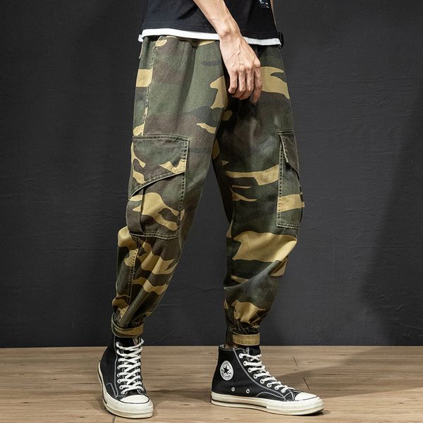 

e-baihui 2021 men's japanese camouflage loose overalls men's tide brand beam pants pants nine points harem pants men 860, Black