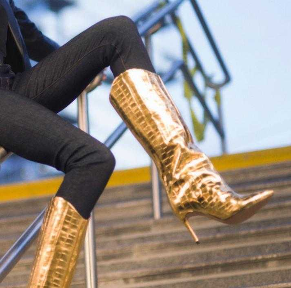 

gold women long boots pointed toe and thin high heel slip-on sample fashion women shoes winter boots, Black
