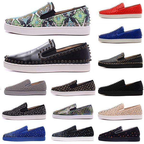 

2019 new arrival red bottoms mens women shoes fashion luxury suede leather with studded spikes loafers rivets casual dress flats, Black