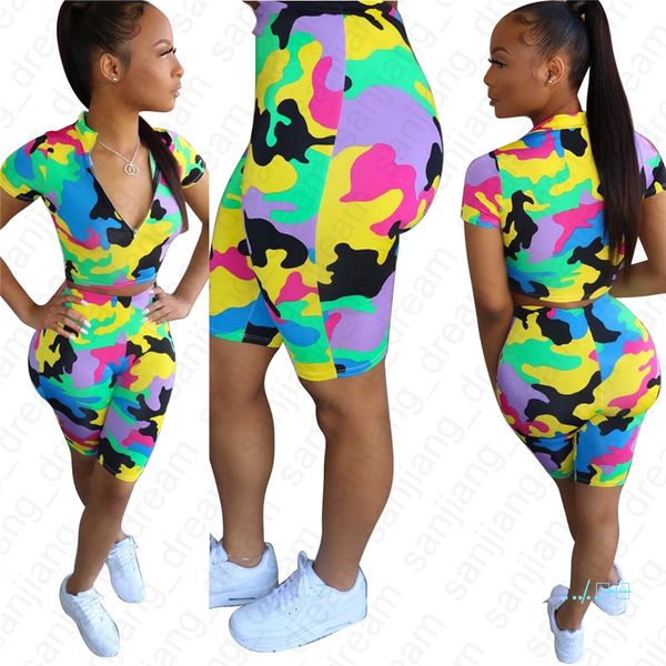 

women tracksuit summer zipper collar short sleeve t shirts crop shorts two piece set high waist camouflage sports suit s-xxl d42101, White