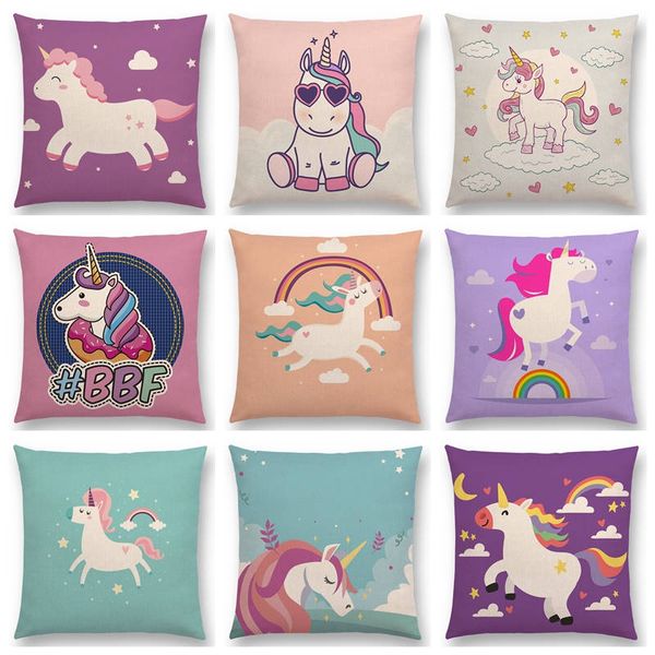 

super cute cartoon unicorn lucky fetish rainbow sky moon sun stars clouds flowers cushion cover sofa throw nice pillow case