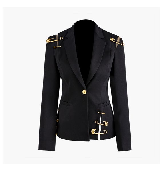 

new autumn winter women black blazers lion head golden button pins blazer coat long sleeve slim office business suit jacket a114, White;black