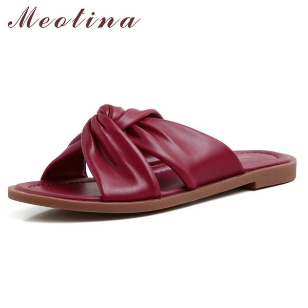 

meotina shoes women pleated genuine leather flat slippers round toe slides ladies summer sandals female beige large size 34-40, Black
