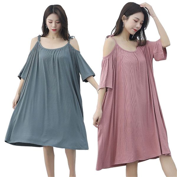 

large size nightdress loose maternity skirt 2020 summer new fat mm loose night dress modal leaky shoulder home service szlafrok, Black;red