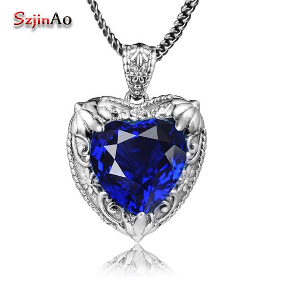 

szjinao classic heart solid 925 sterling silver sapphire necklaces & pendants vintage style for women jewelry christmas gift