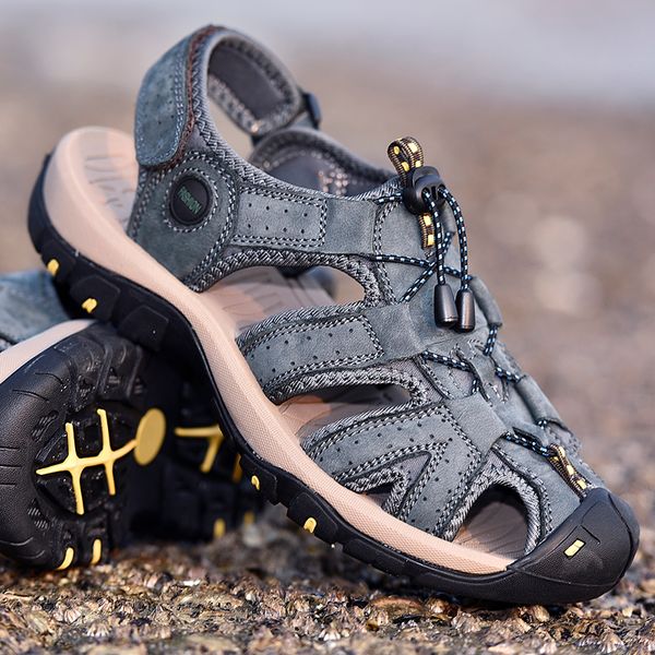 

sitaile male shoes genuine leather men sandals summer men shoes beach sandals man fashion outdoor casual sneakers size 48, Black