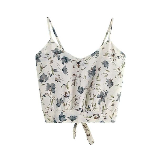 

women's self tie back v neck print floral crop cami camisole blouse vest summer fashion camisole cotton sleeveless#ew, White
