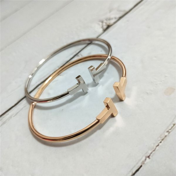 

s925 sterling silver дважды t браслет всего матча простое розовое золото упругих smooth t-образный открытый браслет factory outlet, Golden;silver
