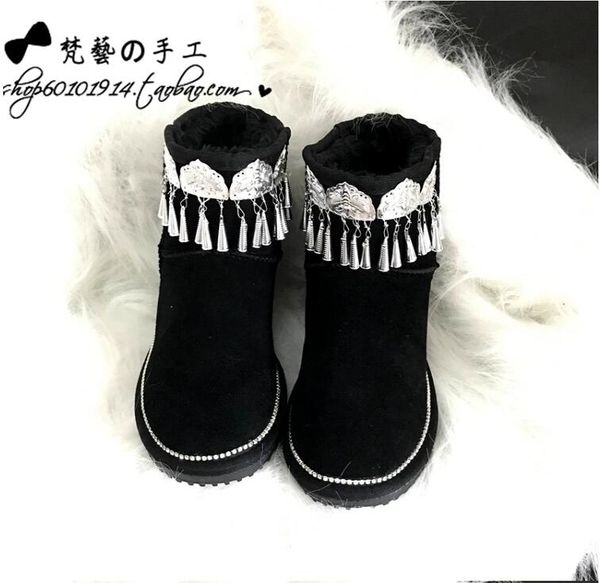 

leather snow boots cowhide thick warm national wind tassel short tube cotton boots children winter, Black