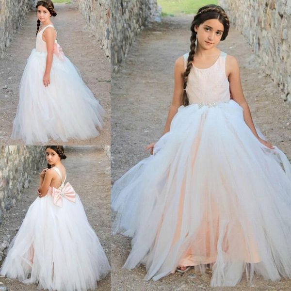 

2019 charming lace tulle flower girl dress birthday wedding party lace bow holiday kids pageant dresses, White;blue