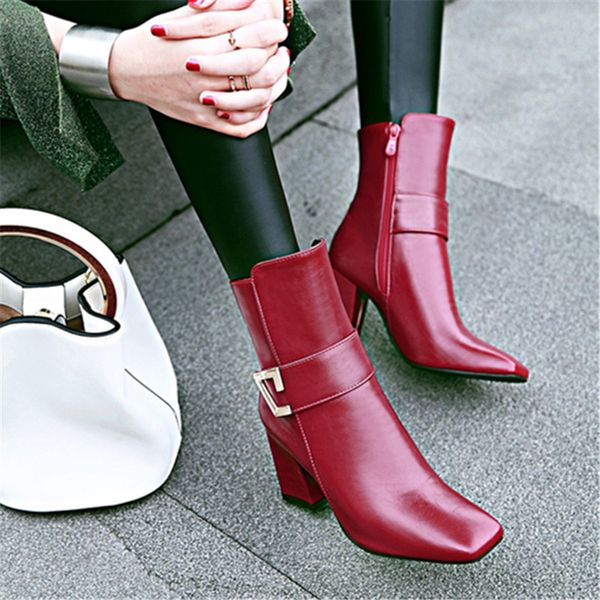 

ankle strap high heels women boots square head footwear zip female booties pu shoes woman winter 2020 plus size 34-43, Black