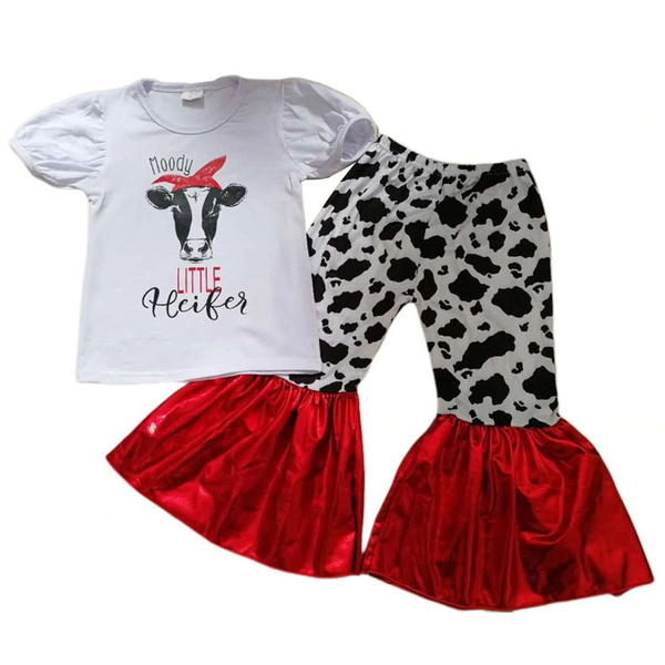 

2020 kid new arrival moody cow girls outfits fashion summer shirt personality bell bottoms pants 2 pieces sets child clothing, White