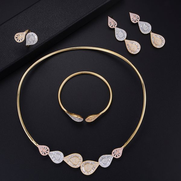 

larrauri fashion waterdrop cubic zirconia necklace bracelet ring earrings jewelry sets for women dubai wedding accessories, Silver