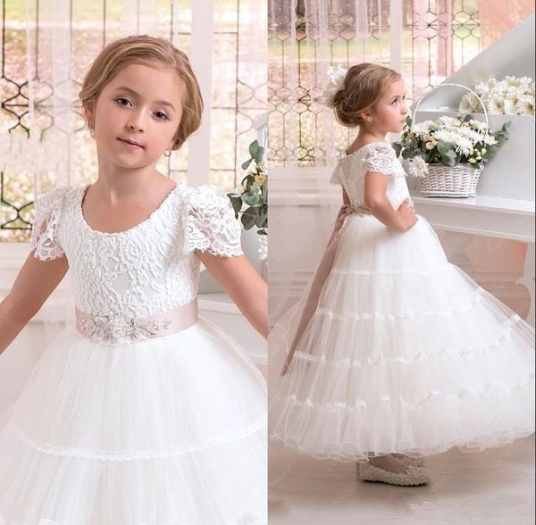 

short sleeves princess flower girls dresses for wedding ankle length tulle zipper party dress first communion dress, White;blue