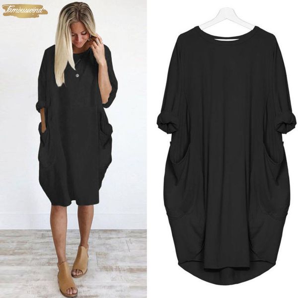 

fashion womens dress womens pocket loose dress augu10 ladies crew neck casual long dresses plus size, Black;gray