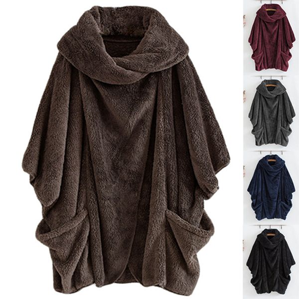 

women bat sleeve hoodie pullovers sweatshirt plush outwear long hoodies coat pullover with pocket ljja3123, Black