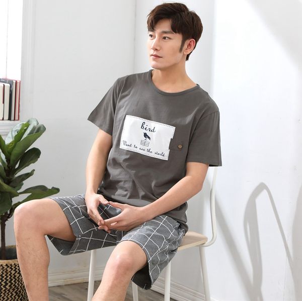 

2019 summer short sleeve cotton pajamas sets for men plaid pants sleepwear male cute cartoon homewear pijama lounge home clothes, Black;brown