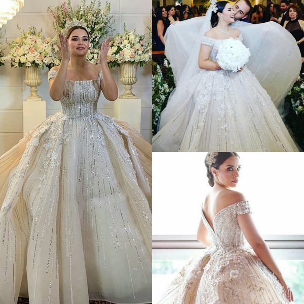 

luxury beaded wedding dresses 2019 off the shoulder sequined 3d floral appliqued lace bridal gowns sweep train vintage wedding dress, White