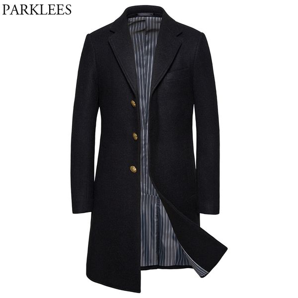 

classic black long wool pea coat men 2019 winter brand new slim fit men's wool & blends overcoat notch lapel male cashmere coat