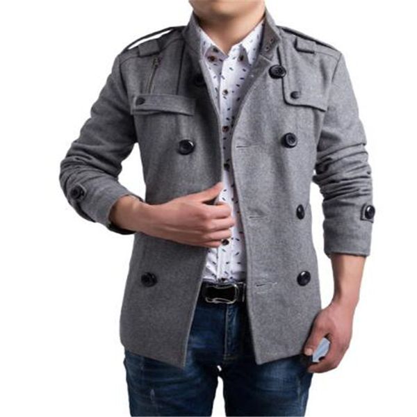 

2018 new fashion men woolen blend coat winter jacket trench coat outerwear overcoat double breasted peacoat male windbreaker, Black