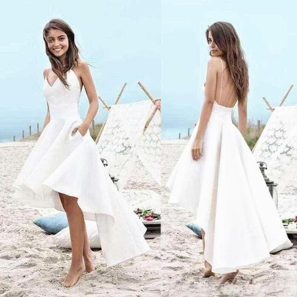 

дешевые летние высокие низкие пляжные свадебные платья с карманами спинки спагетти простые короткие передние длинные задние свадебные платья, White
