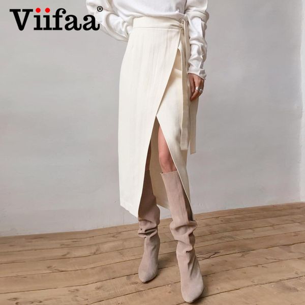 

viifaa high waist streetwear asymmetrical hem self tie wrap long skirt women faux suede autumn winter pencil midi skirts, Black