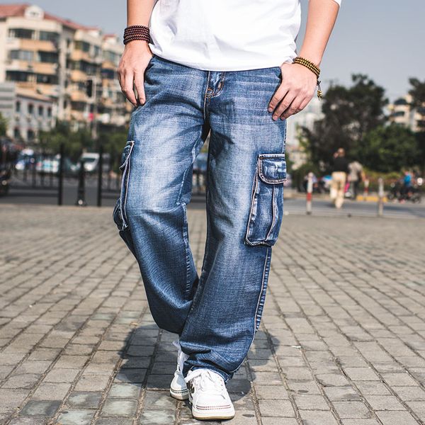 

idopy men`s cargo jeans multi pockets hip hop style loose fit street designer vintage denim pants trousers plus size 30-46, Blue