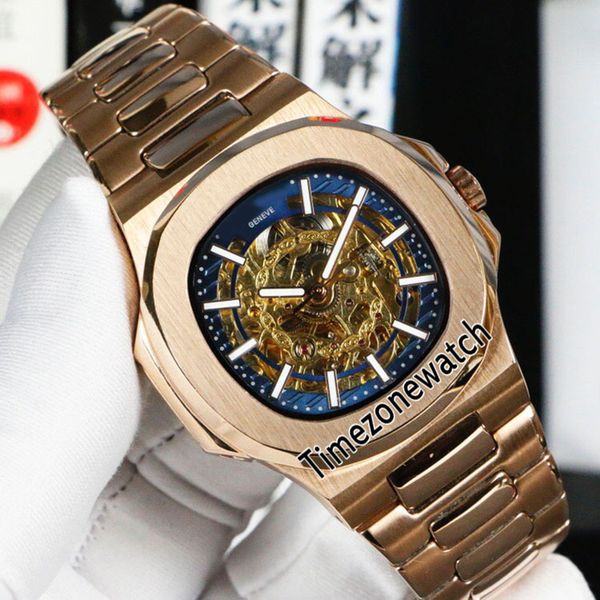 

новый nautilus 5711 автоматические мужские часы розовое золото синий внутренний золотой скелет циферблат палка браслет из нержавеющей стали, Slivery;brown