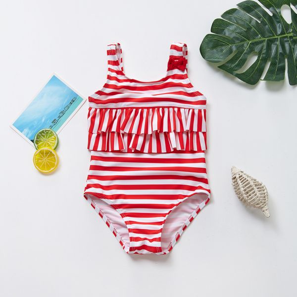 

toddler kid baby girl striped ruffles straps one pieces swimsuit swimwear summer monokini bathing suit maillot de bain femme, White
