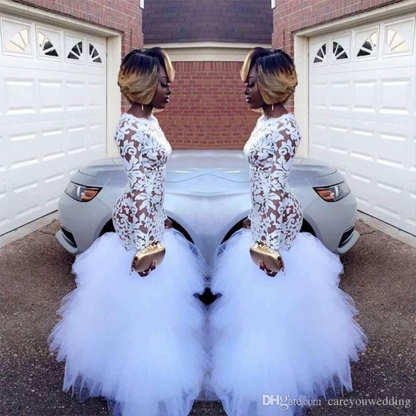 

white mermaid lace prom evening dresses for black girls long jewel neck tiered tulle long sleeves lace applique backless evening dress wear