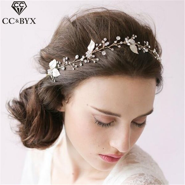 

cc jewelry headband women bridal crystal pearl beads hairband wedding hair accessories marriage party bride leaves bijoux o012, Golden;white