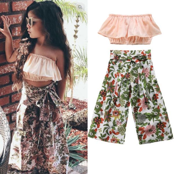 

brand new baby girl princess outfits off shoulder bandeau solid tank floral belt high waist pants set girl boutique clothes set, White