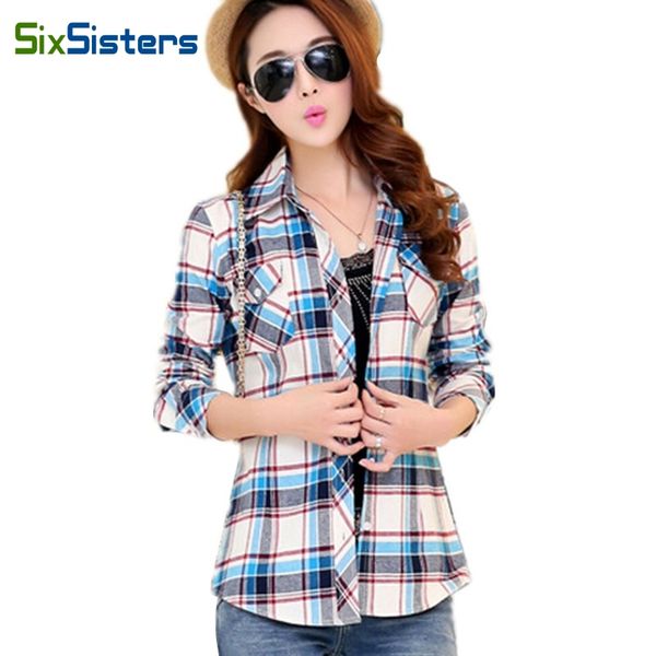 

brand fashion women plaid blouses female long-sleeve flannel shirts girl cotton shirts turn-down slim 14 colors clothing hs1274, White