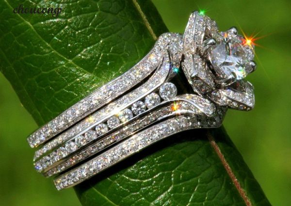 

choucong 3-in-1 flower shape promise ring set 925 sterling silver diamond cz engagement wedding band rings for women jewelry gift, Slivery;golden
