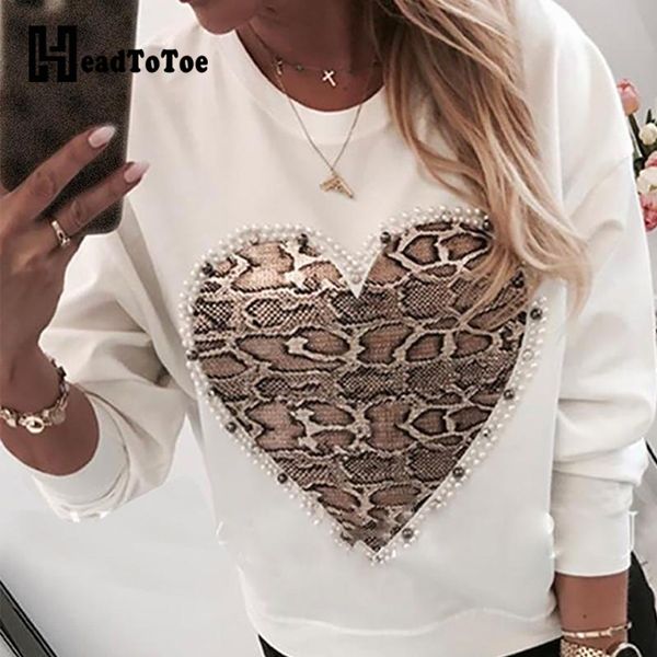 

heart pattern snakeskin print round neck casual sweatshirt, Black