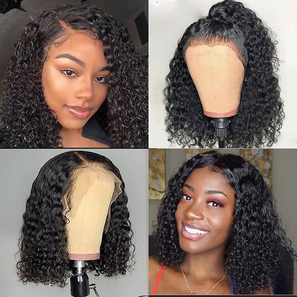 

13x6 lace front human hair wig with baby hair curly short bob glueless brazilian for black women remy natural hairline, Black;brown